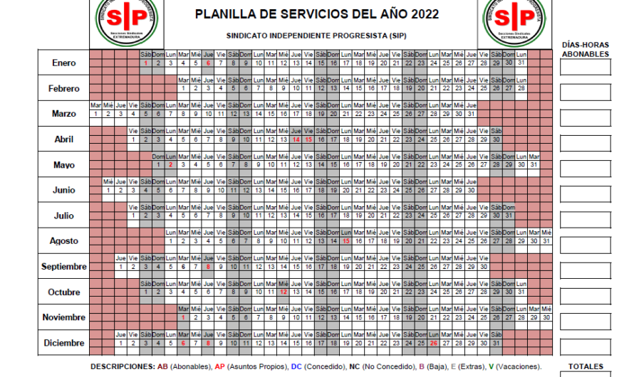 Planilla cuadrante laboral para 2022